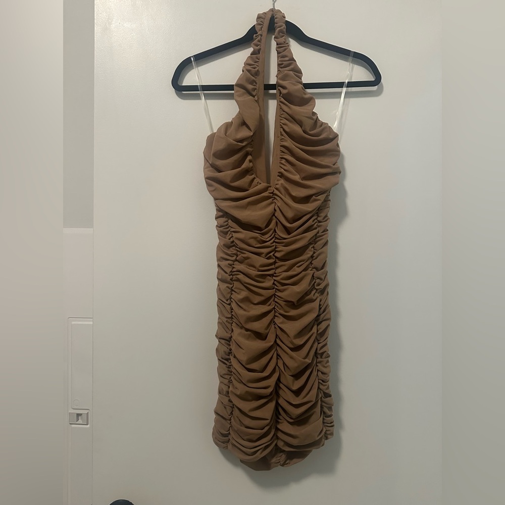Mistress Rocks Rain Check Caramel Ruched Mini Dress - Picture 3 of 5